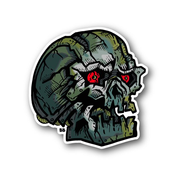 Skull with red eyes vinyl sticker, white outline, green and gray shading