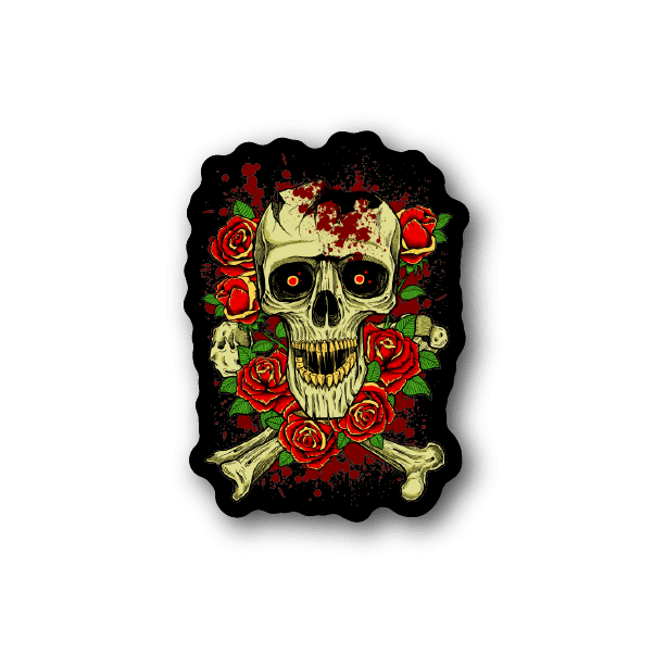 Skull and rose vinyl sticker with red roses, bones, and skull face on dark background