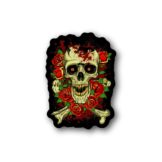 Skull and rose vinyl sticker with red roses, bones, and skull face on dark background