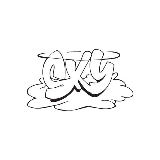 Black graffiti-style decal with cloud burst and stylized lettering