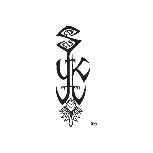 Sky graffiti decal in black with stylized letters and crown-like emblem