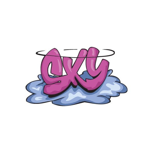 Graffiti sticker with purple lettering over blue cloud shapes