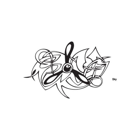 Graffiti propeller decal in black line art with central emblem and 'sky' text