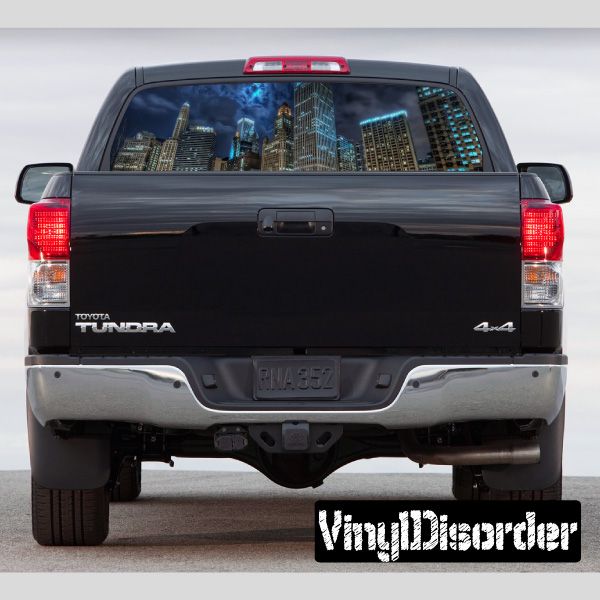 Truck rear window graphic with Chicago skyline city view through glass, multicolor