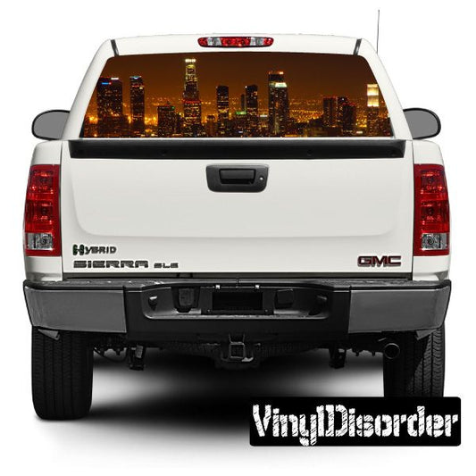 Rear window graphic with nighttime Los Angeles skyline city lights on a dark backdrop