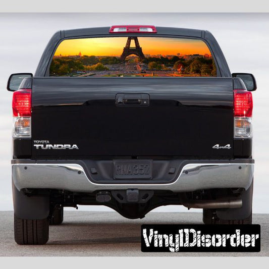 Pickup truck rear window graphic on rear windshield, black and red