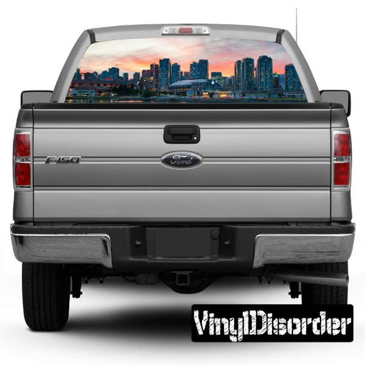 Gray pickup truck with rear window skyline graphic decal