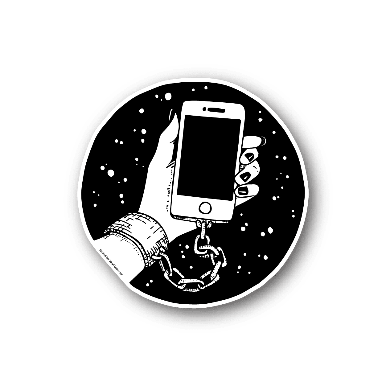 Circular vinyl sticker with black-and-white hand holding a smartphone design