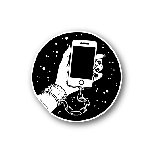 Circular vinyl sticker with black-and-white hand holding a smartphone design