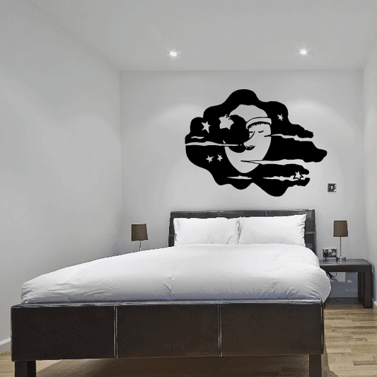Sleeping moon and clouds wall decal, black silhouette with sleeping face and stars