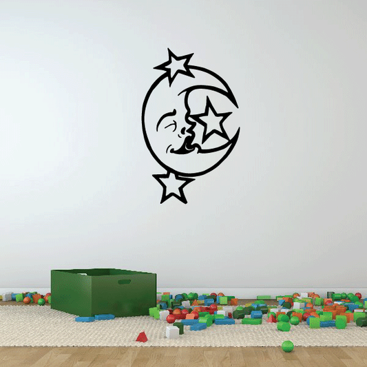 Moon and stars sleeping child wall decal, black outline crescent with star accents