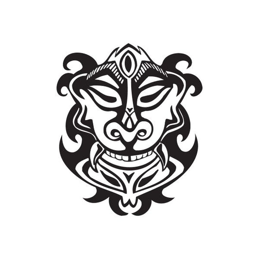 Sleeping tiki beast decal with black and white tribal face illustration