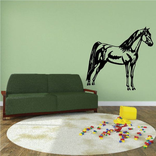 Slim standing horse wall decal with black outline and white accents