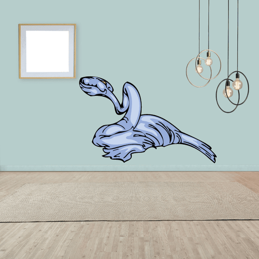 Light blue slithering dinosaur sticker decal with tail curled and open mouth