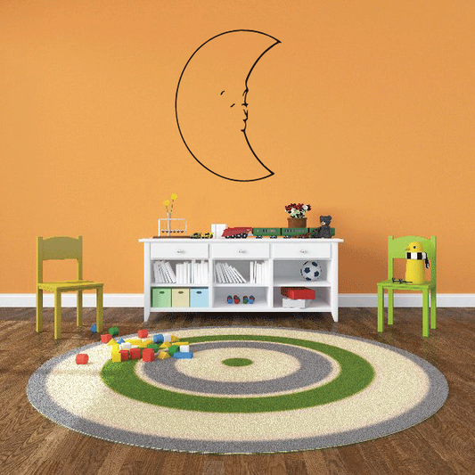 Crescent moon face wall decal with small eyes and mouth, simple black line
