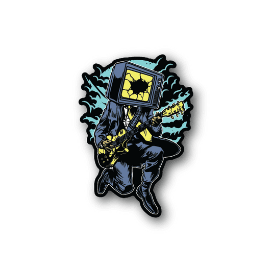 Vinyl music sticker of stylized guitarist with TV screen and yellow lightning
