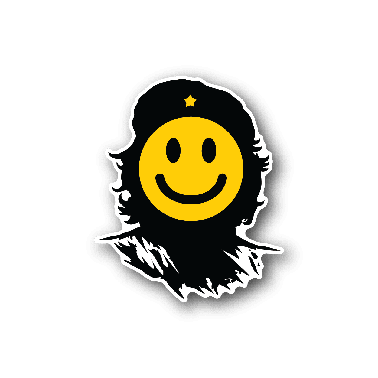 Smiley face vinyl sticker with yellow face, black hood, white outline and star