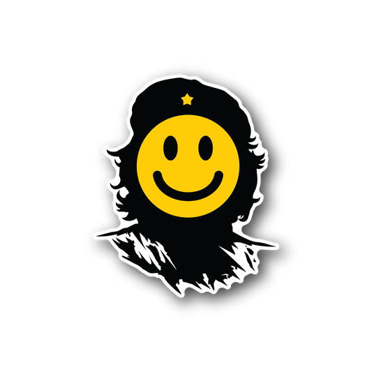 Smiley face vinyl sticker with yellow face, black hood, white outline and star