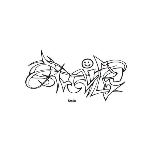Black graffiti smile decal with smiling face and stylized lettering