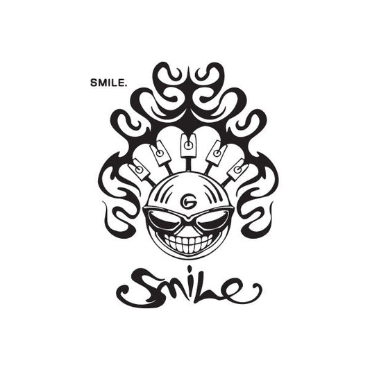 Black and white smile graffiti decal with grinning face, flame curls, and 'SMILE.' text
