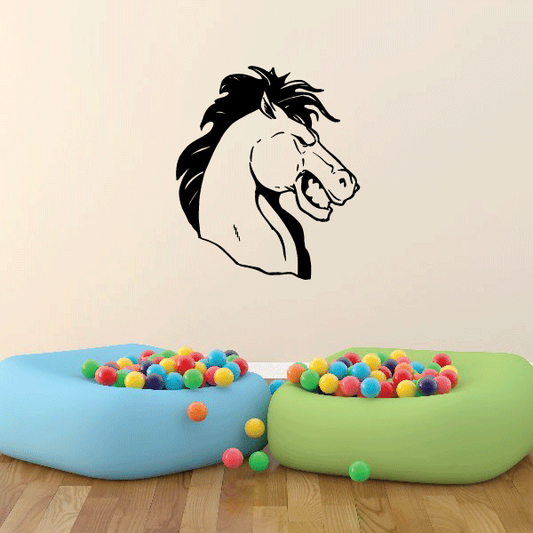 Smiling horse head decal with black mane and white face in profile
