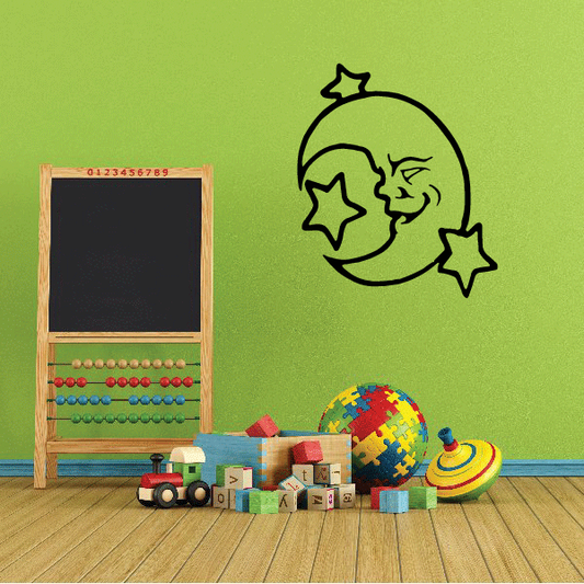 Smiling moon and stars wall decal: crescent face with two stars
