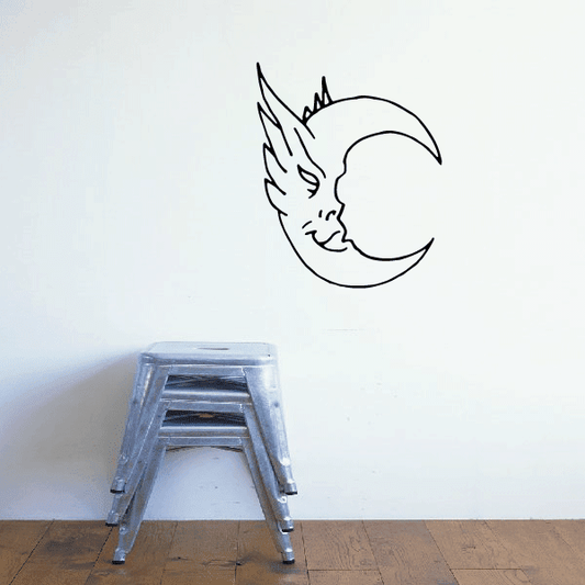 Smiling moon with wings wall decal, black line art illustration