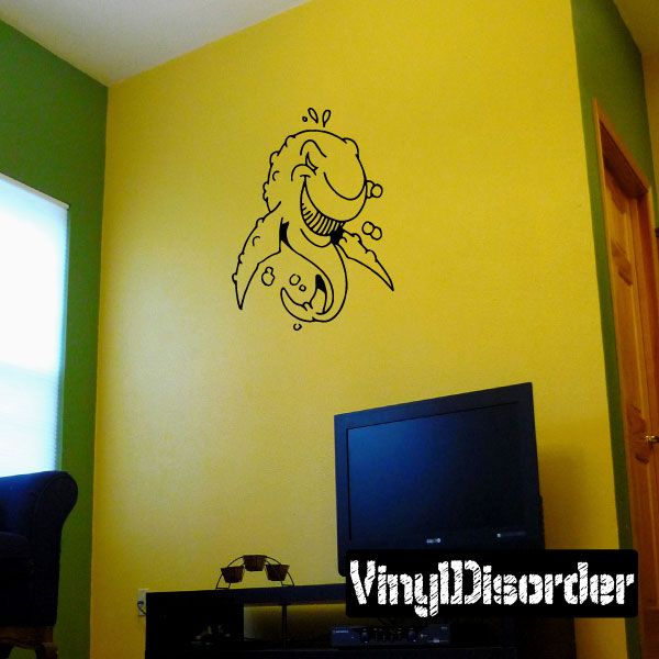 Smiling shark and bubbles decal, black line art