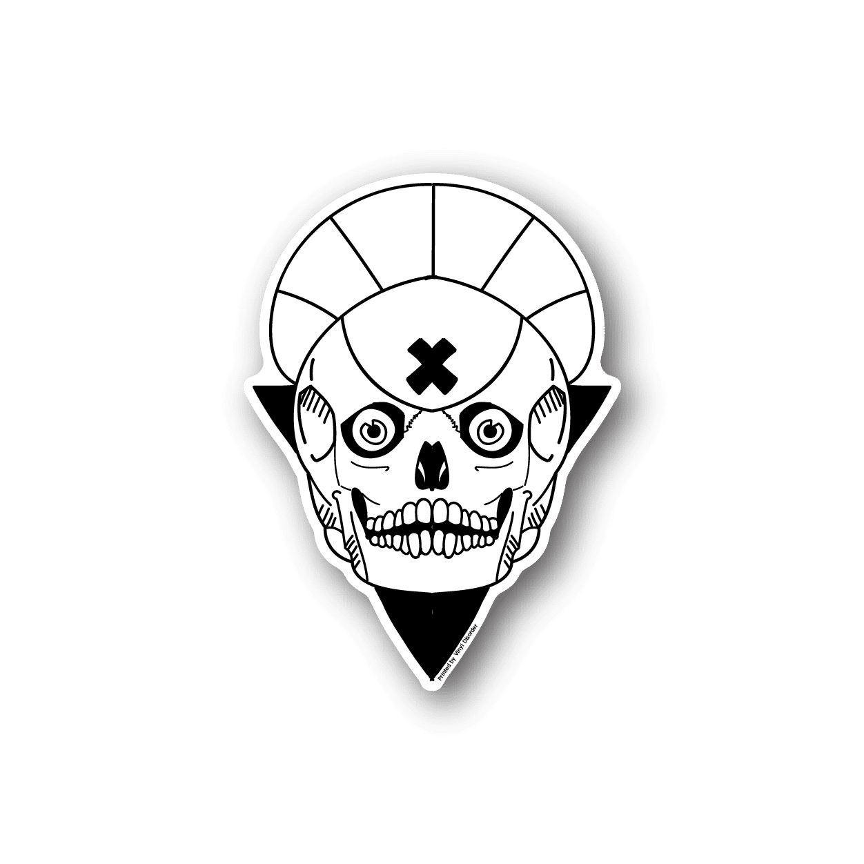 Vinyl sticker of a smiling skull with X eyes, white on dark backing.