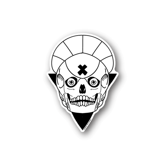 Vinyl sticker of a smiling skull with X eyes, white on dark backing.