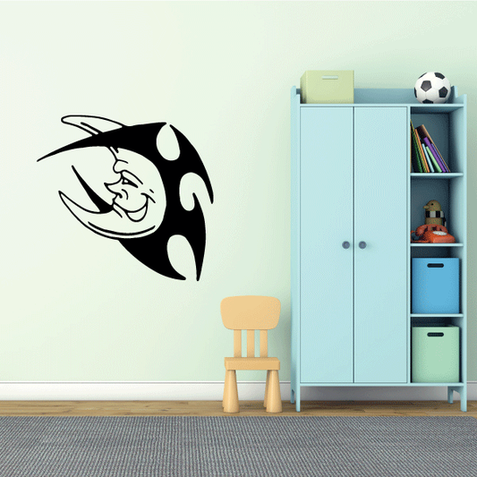 Smiling tribal moon wall decal, black crescent with smiling face and swirl lines