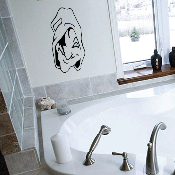 Smirking hooded witch head decal, black line art face and hood.