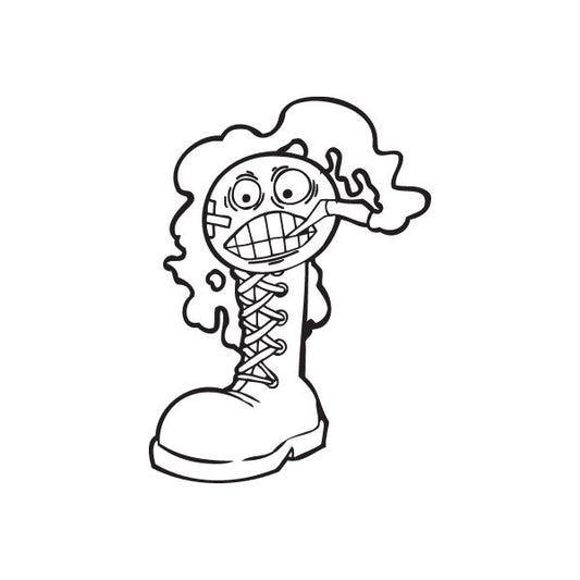 Graffiti boot decal with cartoon character, bold black outline and lace detail