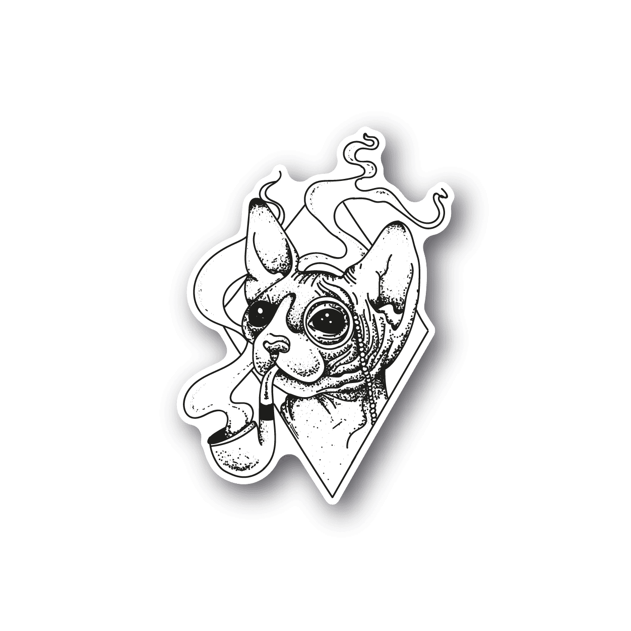 Smoking cat vinyl sticker with white ink outline and dark border