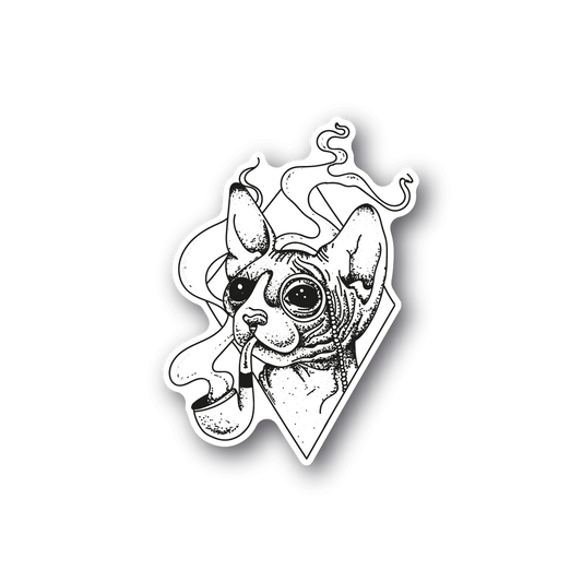 Smoking cat vinyl sticker with white ink outline and dark border