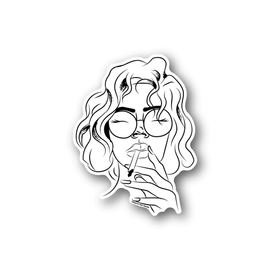 Smoking female vinyl sticker with white line-art portrait holding a cigarette