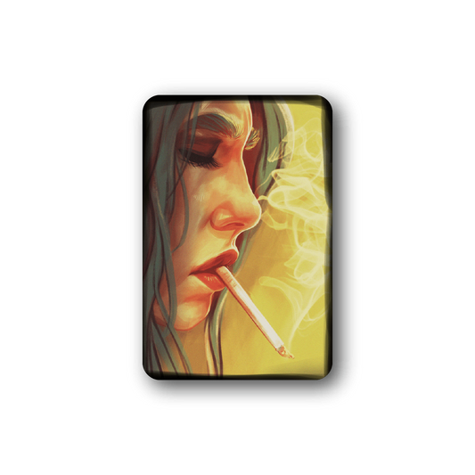 Square vinyl sticker with a stylized woman portrait smoking a cigarette