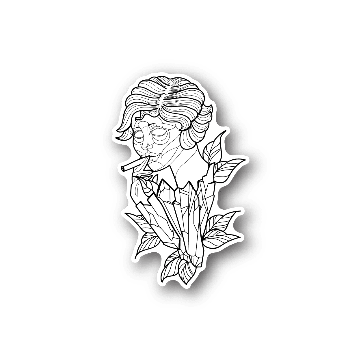Vinyl sticker of a smoking woman portrait with layered white line art