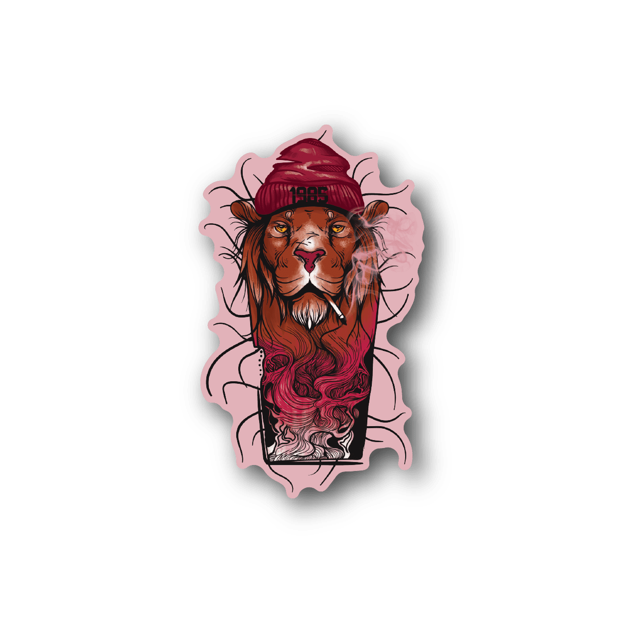 Smoking lion vinyl sticker with red mane, beard, and pink smoke outline