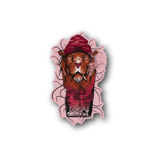 Smoking lion vinyl sticker with red mane, beard, and pink smoke outline