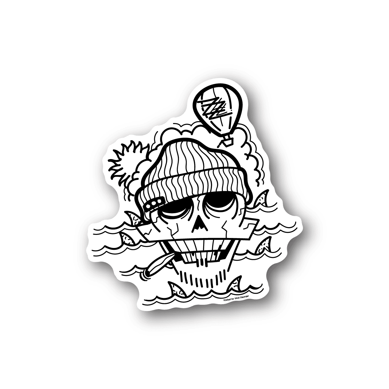 Sailor skull vinyl sticker with smoking pipe and striped hat, white and black