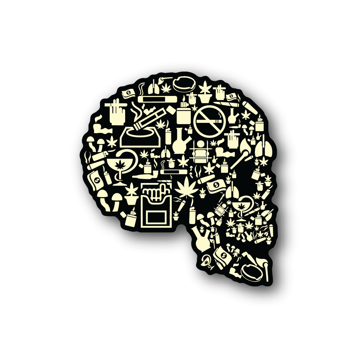 Vinyl sticker with smoking skull collage design, cream-colored icon graphic