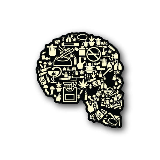 Vinyl sticker with smoking skull collage design, cream-colored icon graphic