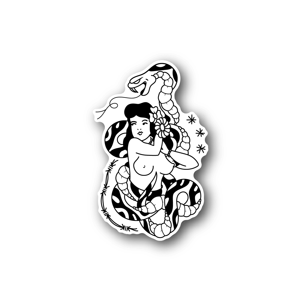 Vinyl sticker of pin-up girl with coiled snake and flowers, black-and-white outline