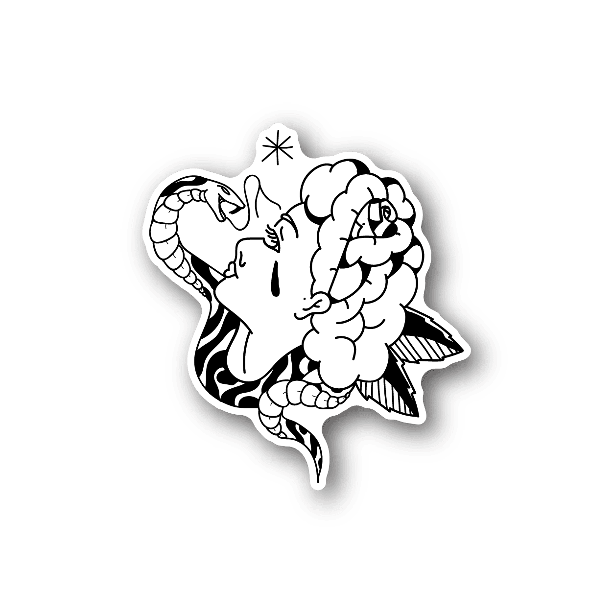 Vinyl sticker of white line-art snake biting a figure with star accents