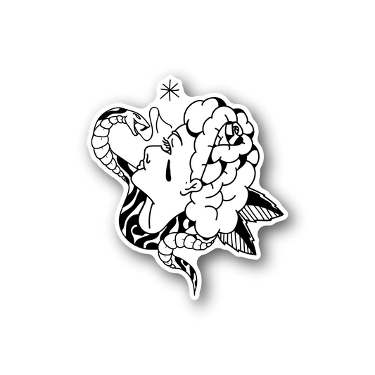 Vinyl sticker of white line-art snake biting a figure with star accents