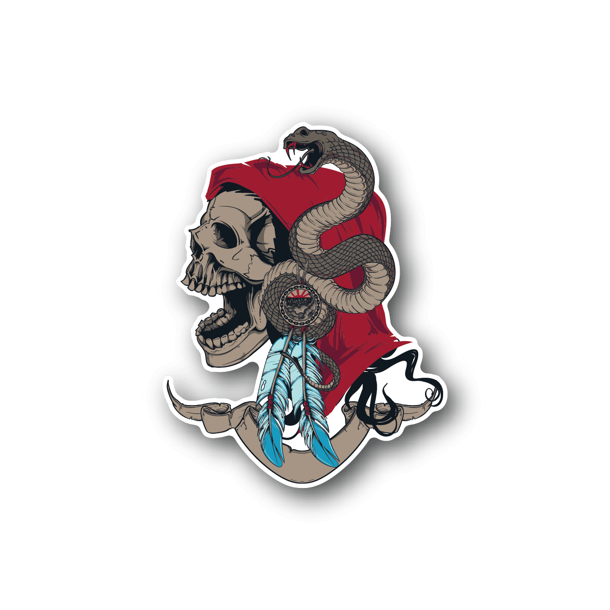 Snake and skull vinyl sticker with red hood and blue dagger