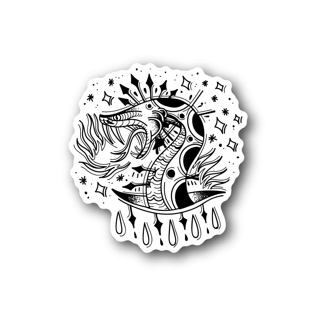 Black-and-white vinyl sticker of a dagger-wielding snake in a flame circle