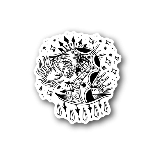 Black-and-white vinyl sticker of a dagger-wielding snake in a flame circle