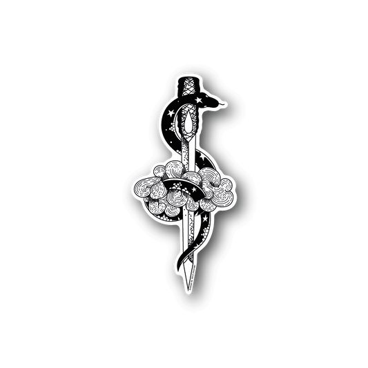 Vinyl sticker: snake wrapped around dagger, white outline illustration
